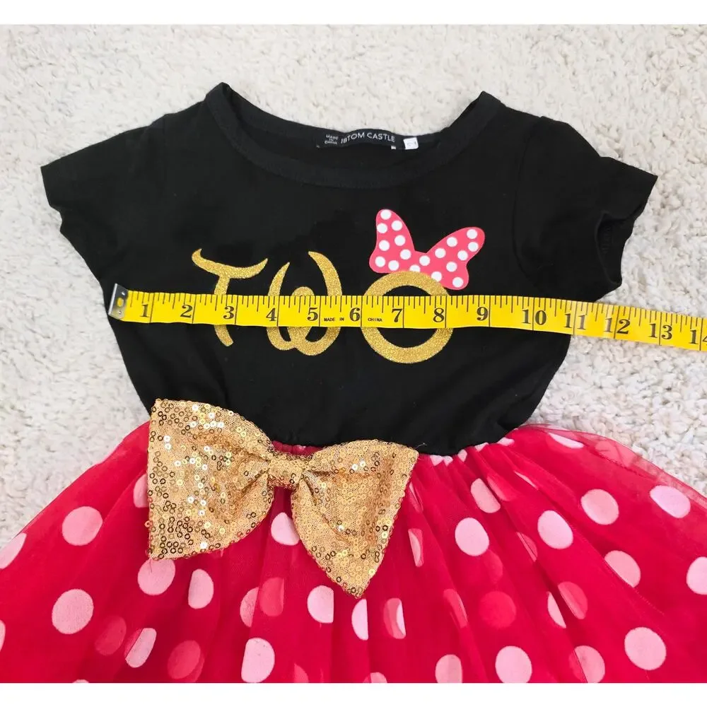 IBTOM CASTLE Toddler Girl 2nd Birthday Minnie Mouse Dress Size 2 Black Red Gold